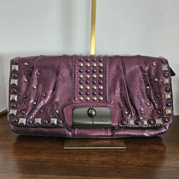 Coach Handbags - COACH Kristin Limited Edition Studded Metallic Leather Clutch - Boysenberry